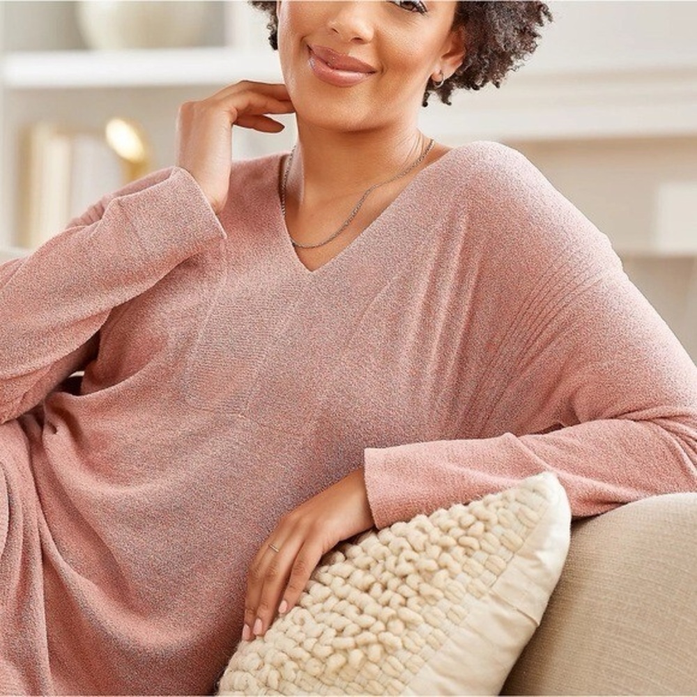 Barefoot Dreams CozyChic Ultra Lite Dusty Rose V-Neck Sweater - Picture 3 of 14